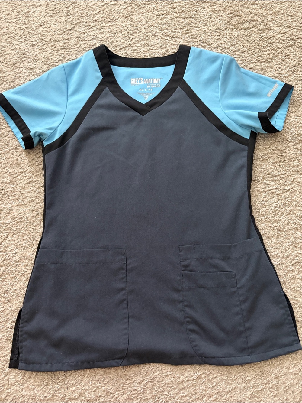Grey's Anatomy Black V-Neck Scrub Top with Light Blue Contrast Sleeves